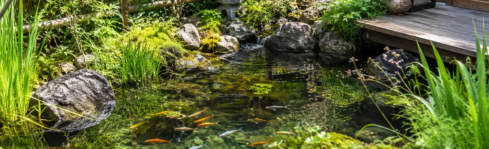 緑に囲まれた池を泳ぐメダカ