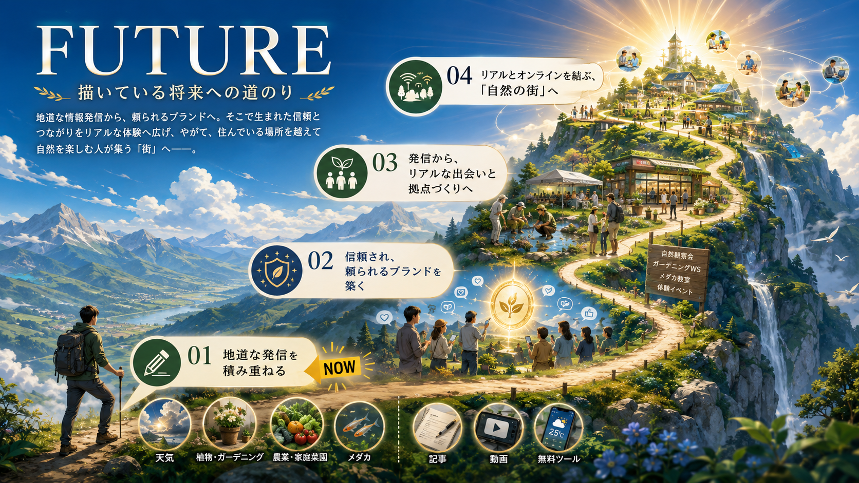 NatureWxLabが地道な発信からリアルとオンラインを結ぶ「自然の街」へ進む01〜04の将来構想を山道で表したイラスト